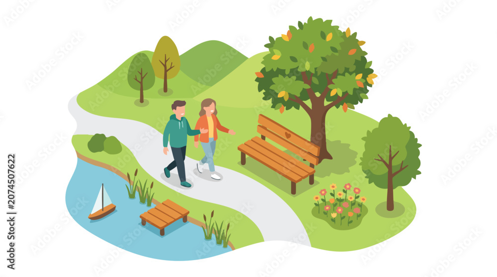Fototapeta premium Friends Revisiting Peaceful Park Bench for a Warm Friendship Reunion Illustration