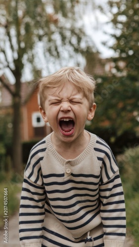 Young boy screams with eyes shut tight and mouth wide open. Child has blond hair, wears striped jumper. Toddler displays strong emotion outdoors.