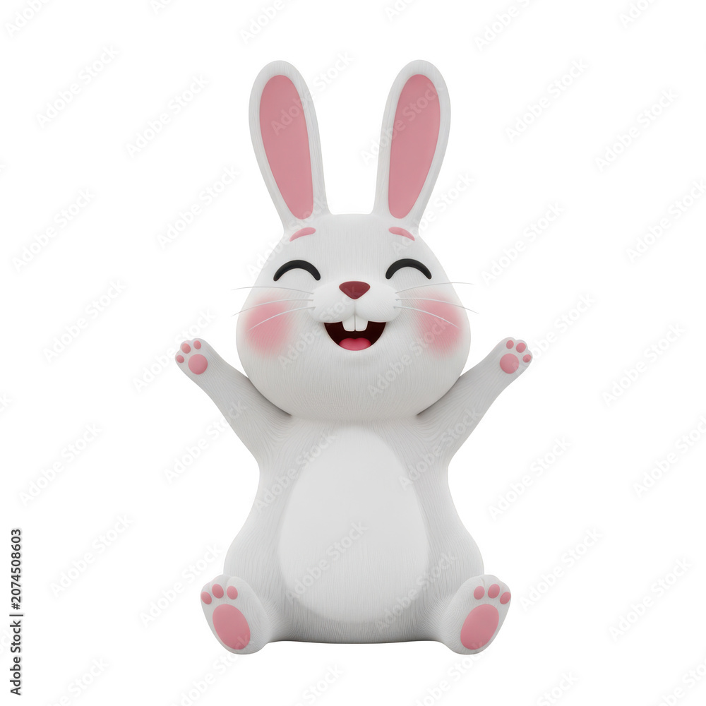 Fototapeta premium Cute white bunny rabbit character with happy expression and open arms