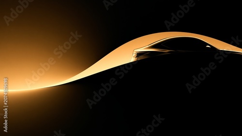 Sleek golden luxury sports car silhouette emerging from deep black shadows with smooth metallic curves and elegant dramatic studio lighting