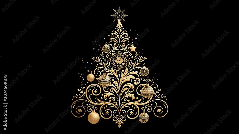 Fototapeta premium Elegant golden christmas tree design featuring intricate filigree patterns and hanging ornaments isolated against a deep solid black background space