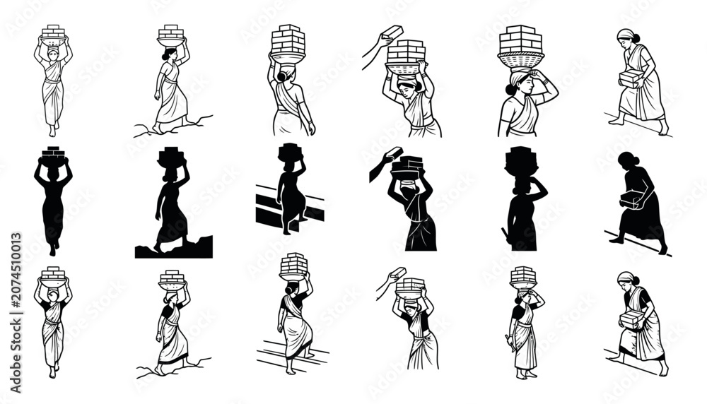 Obraz premium Women Carrying Construction Materials Black and White Outline and Silhouette Vector Icon Collection 