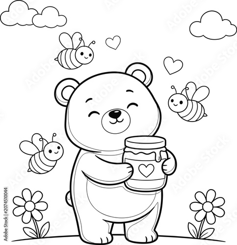Cute bear holding honey jar with bees and flowers