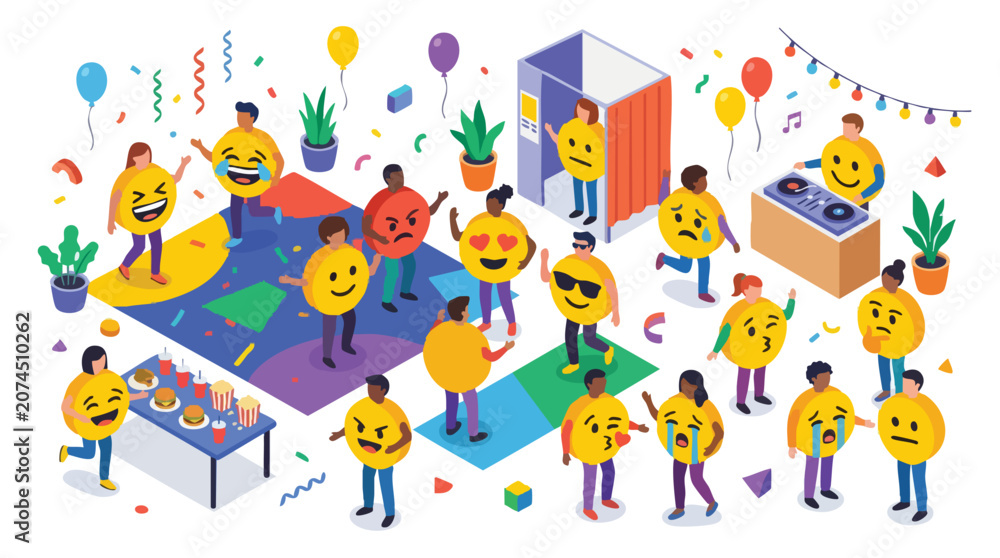 Fototapeta premium Emoji Costume Party Illustration with Happy People Dancing at Celebration Event