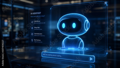 Futuristic artificial intelligence assistant providing software coding help and technical support through an interactive holographic display in a dark hightech environment