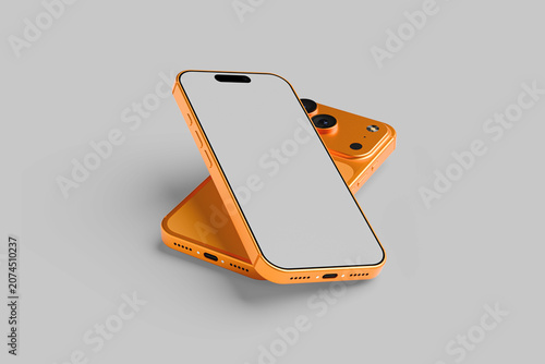 Orange Smartphone Mockup in Perspective View with Blank Screen Isolated on Gray Background