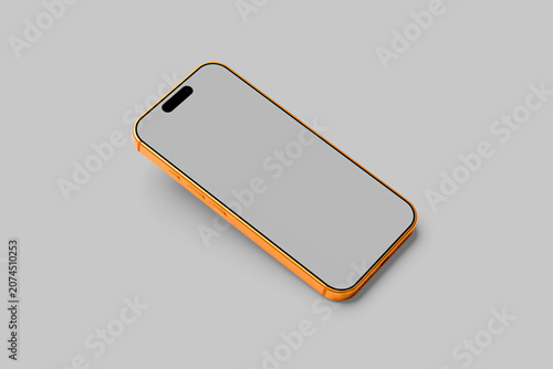 Orange Smartphone Mockup in Perspective View with Blank Screen Isolated on Gray Background