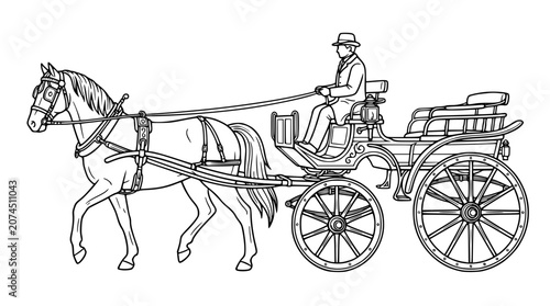 Foto Vintage horse drawn carriage vector illustration with driver in hat pulling old
