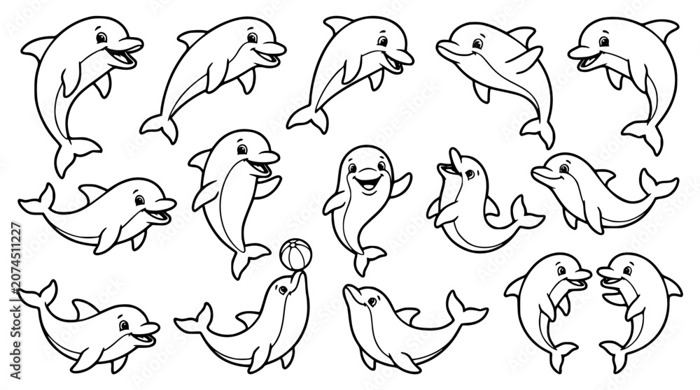 Fototapeta premium Cute dolphin cartoon characters coloring page outline vector collection featuring playful jumping and swimming marine animals with ball illustration