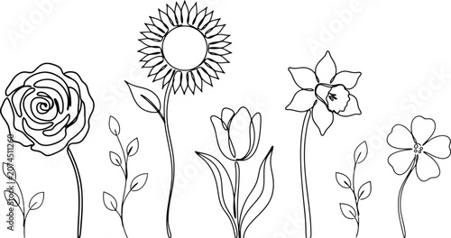 Hand drawn botanical flower garden collection with various blooming blossoms