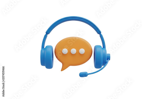 3d illustration of blue headphones with a microphone and a chat bubble icon, isolated on transparent background