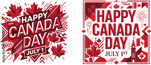 Happy Canada Day July 1 Geometric Maple Leaf and Ottawa Peace Tower Banner Vector Set