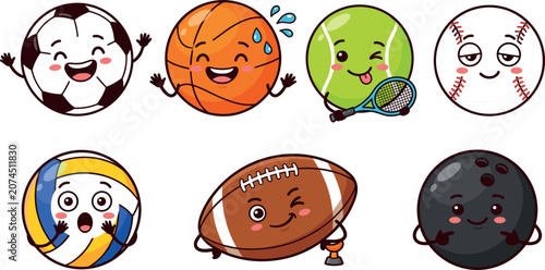 Cute Kawaii Sports Balls Cartoon Character Icon Set with Funny Expressions Including Soccer Basketball Tennis Volleyball Football and Bowling Vector Clipart