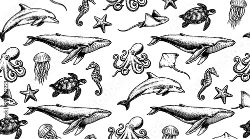 Photography Seamless sea life pattern featuring hand drawn vintage style sketch vectors of w