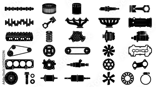 Foto Car engine parts collection featuring black silhouette vectors of piston cranksh