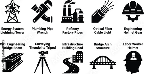 Tableau sur toile Civil engineering and industrial construction icon set with descriptive labels for infrastructure projects