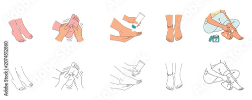 Foot care routine vector and outline icon set featuring foot massage, moisturizing cream application, pedicure, healthy feet, and self care illustrations isolated on transparent background.