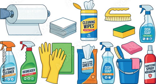 Photos Household Cleaning Supplies and Janitorial Products Vector Element Set Featuring