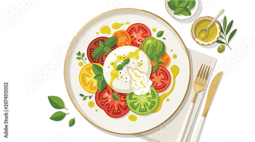 Watercolor illustration of a fresh burrata cheese salad with heirloom tomatoes and basil.
