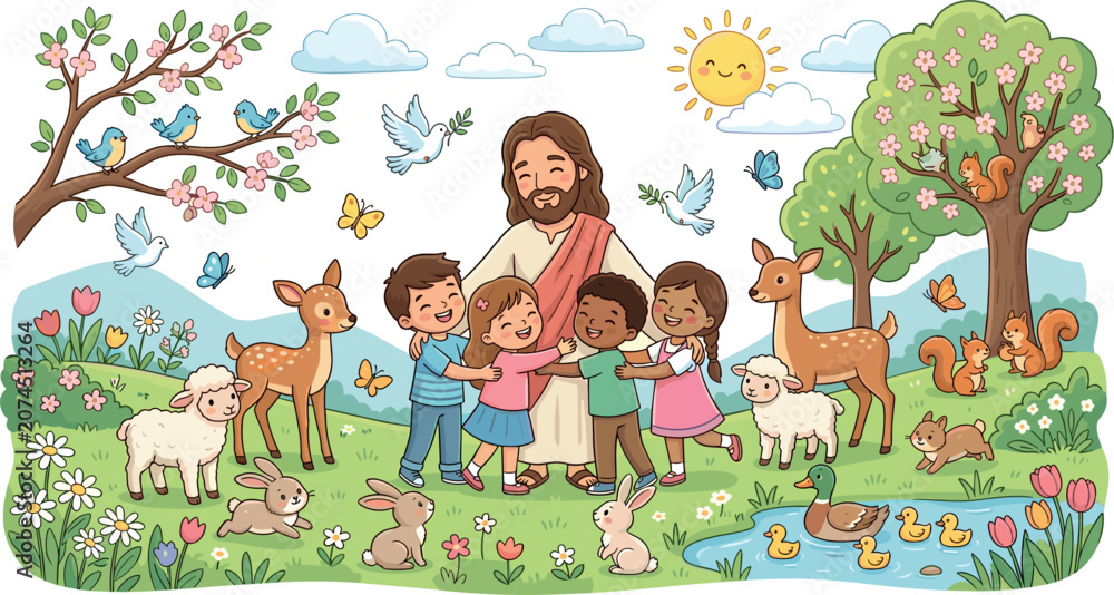 Fototapeta premium Jesus Christ Loving and Blessing Diverse Group of Children in a Beautiful Nature Landscape with Cute Forest Animals Vector Illustration
