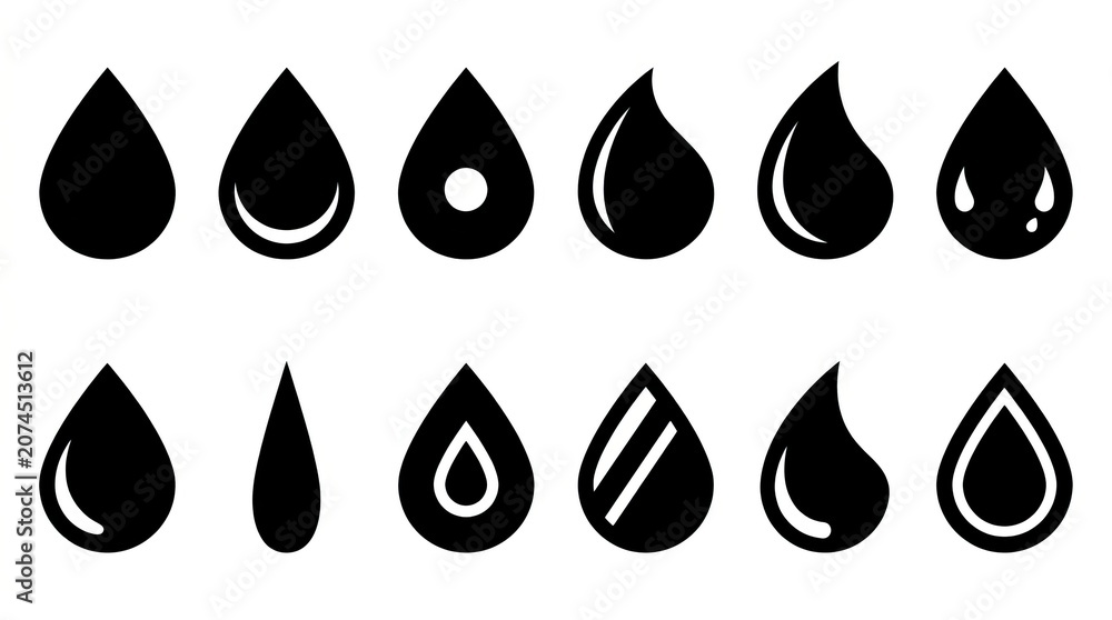 Naklejka premium Collection of black and white abstract water droplet shapes and variations.