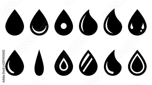 Collection of black and white abstract water droplet shapes and variations.