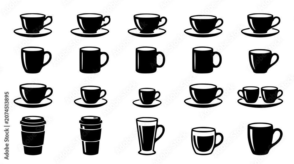 Obraz premium Coffee cup and tea mug black silhouette icon set featuring espresso saucers ceramic mugs and takeaway travel tumblers vector