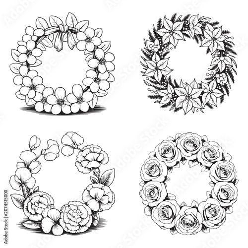 Hand drawn floral wreath collection set, vintage flower frame line art illustration