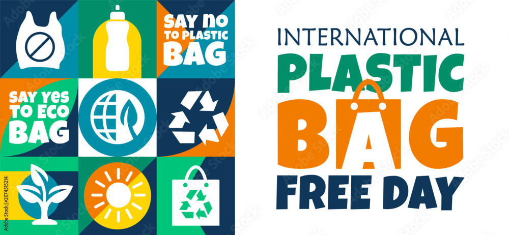 Fototapeta premium International Plastic Bag Free Day banner vector template with eco recycling grid pattern flat icons and bold environmental typography on white background