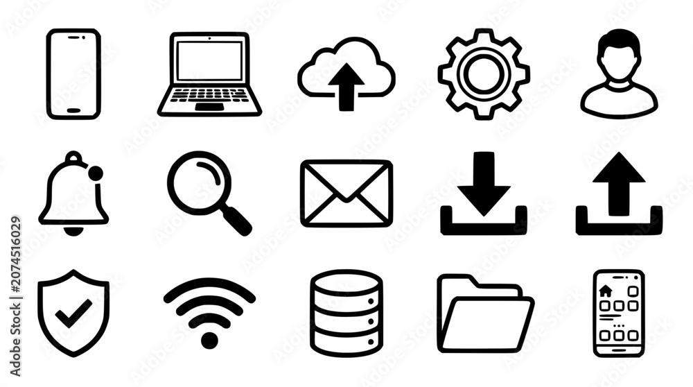 Fototapeta premium Modern technology and user interface line icon set featuring hardware devices cloud storage online data transfer and security network symbols