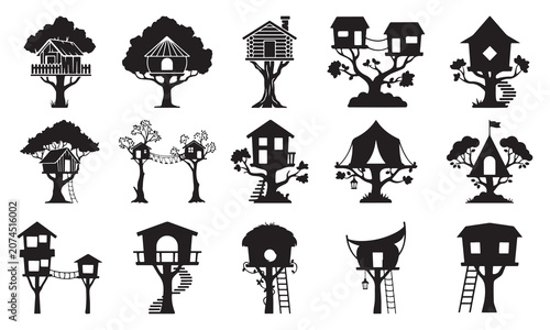 Treehouse silhouette collection, fairy tale wooden tree house vector set