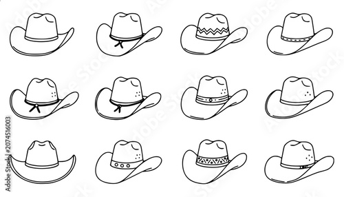 Canvas Print Western cowboy hat hand drawn line art vector collection featuring traditional r