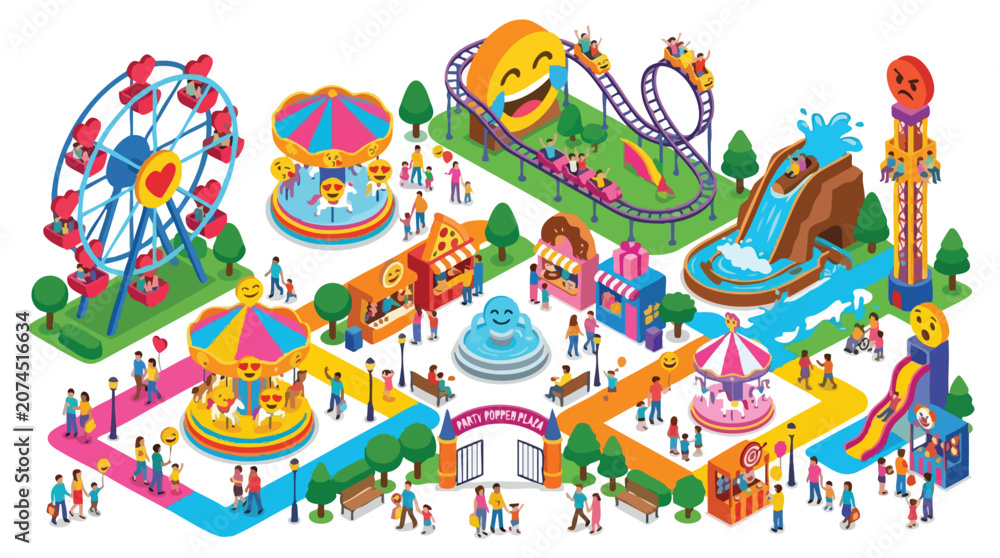 Naklejka premium Isometric Amusement Park with Emoji Characters