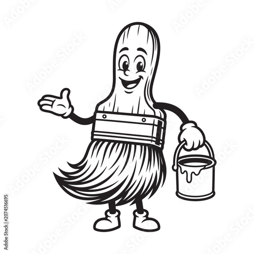 Cartoon Paint Brush Character Holding Paint Bucket Vector Illustration