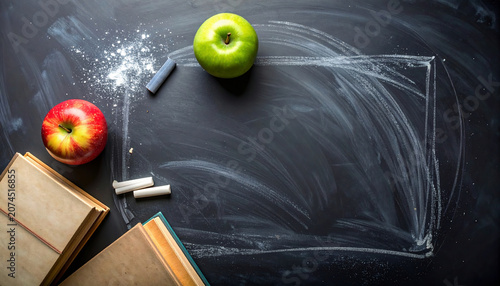 Back to school concept with chalkboard frame, books, apples, and chalk on a dark classroom background, symbolizing education and learning preparation.