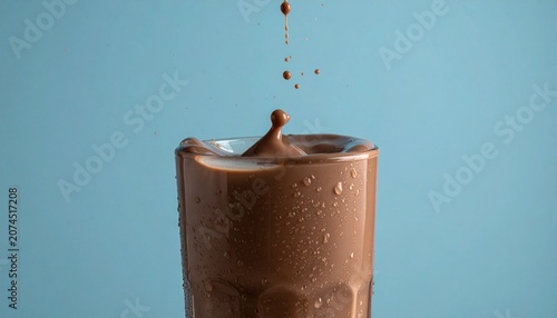 Chocolate Milk Splash in Glass with Water Droplets on Blue Background