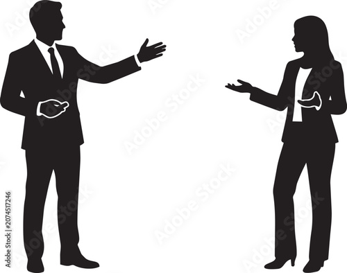 Business communication silhouette featuring professional man and woman presenting ideas with open hand gestures, isolated black vector illustration for corporate discussion and leadership