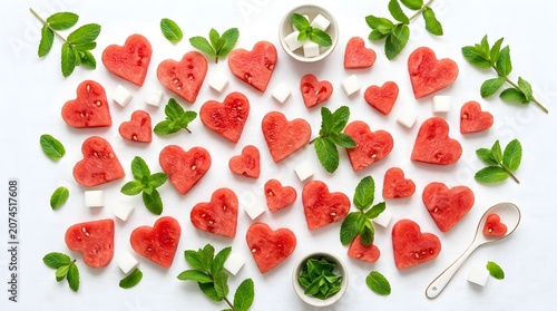 Refreshing Arrangement of Heart Shaped Watermelon Slices and Sugar Cubes Scattered with Fresh Green Mint Leaves Creating a Whimsical Pattern for a Sweet Summer Treat Celebration