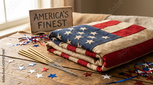 Folded American flag with patriotic decorations and sparklers on a rustic wooden table, symbolizing honor, pride, and 4th of July Independence Day celebration.