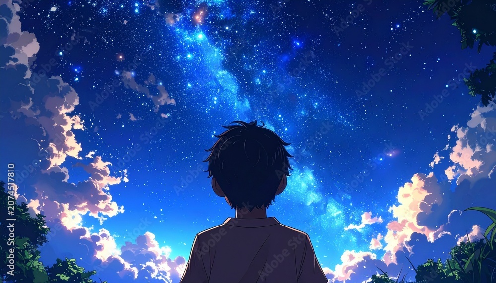 Naklejka premium Anime Style Silhouette of a Boy Gazing at the Milky Way Under a Starry Night Sky