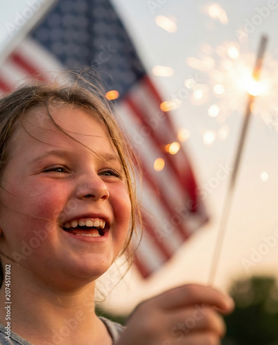 Smiling child holding a sparkler with the American flag in the background, capturing joyful 4th of July celebration and patriotic family spirit.