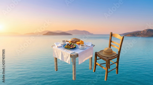 Minimal seaside dining setup with a single wooden chair and elegant breakfast table floating against a calm Mediterranean sunrise over tranquil blue water.