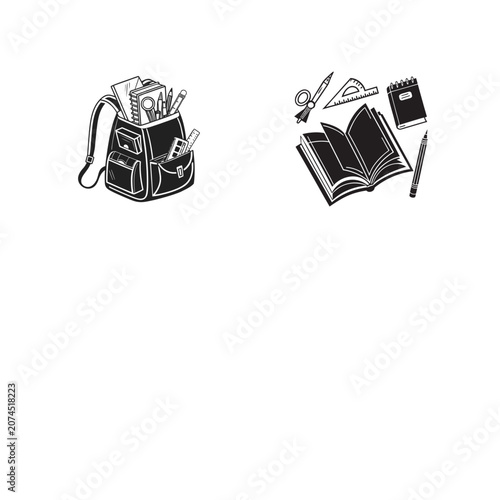 School Backpack and Open Book with Stationery Supplies