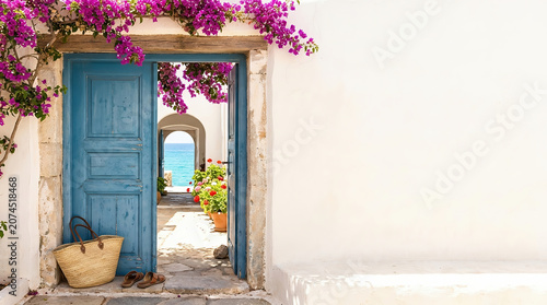 Charming Mediterranean doorway framed by blooming bougainvillea, with turquoise wooden doors opening to a bright coastal view in a peaceful summer village.