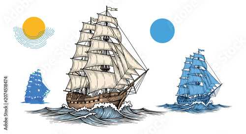 Bild auf Leinwand Vintage style illustration of three grand sailboats with tall masts and full sails navigating through choppy ocean waves