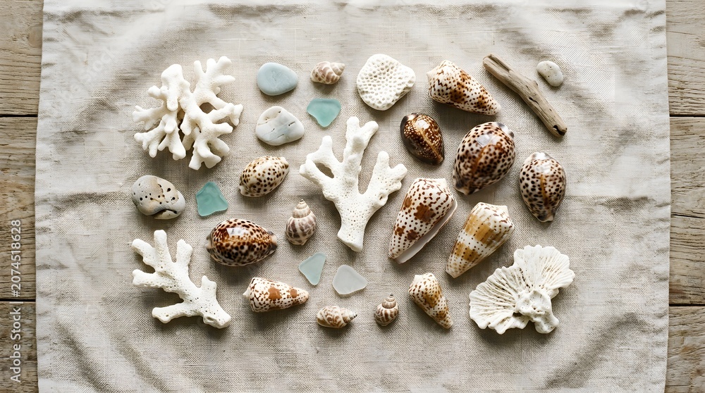 Fototapeta premium Arrangement of natural ocean treasures including various seashells smooth pebbles and textured pieces of coral and sea glass scattered on a neutral linen textile laid on a wooden surface evoking