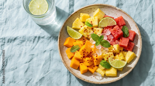Colorful tropical fruit salad with watermelon, pineapple, mango, and lime served on a plate, showcasing fresh healthy summer food in natural light.