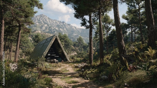 Rustic wooden A-frame hut in sunny mountain forest