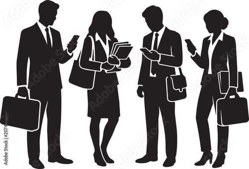 Professional business people silhouettes using smartphones while carrying briefcases and documents, isolated black vector illustration for corporate communication, office and workplace concepts