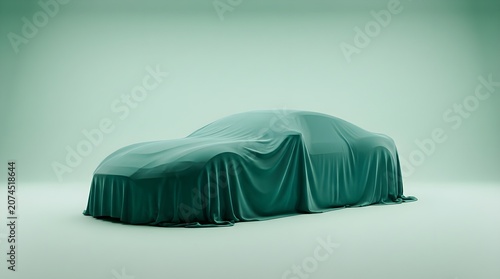 A brand new automotive machine is covered with a flowing fabric textile presenting its silhouette and form hinting at innovation and luxurious engineering awaiting public unveiling and reveal